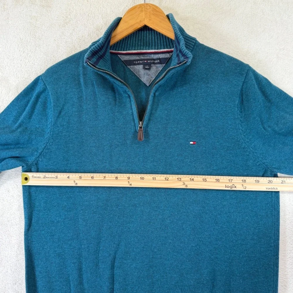 Tommy Hilfiger Mens Teal Blue Heather 1/4 Zip Cotton Pullover Sweater L